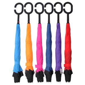 Reverse Folding Umbrella Men Women C Handle Windproof Double Layer Violet